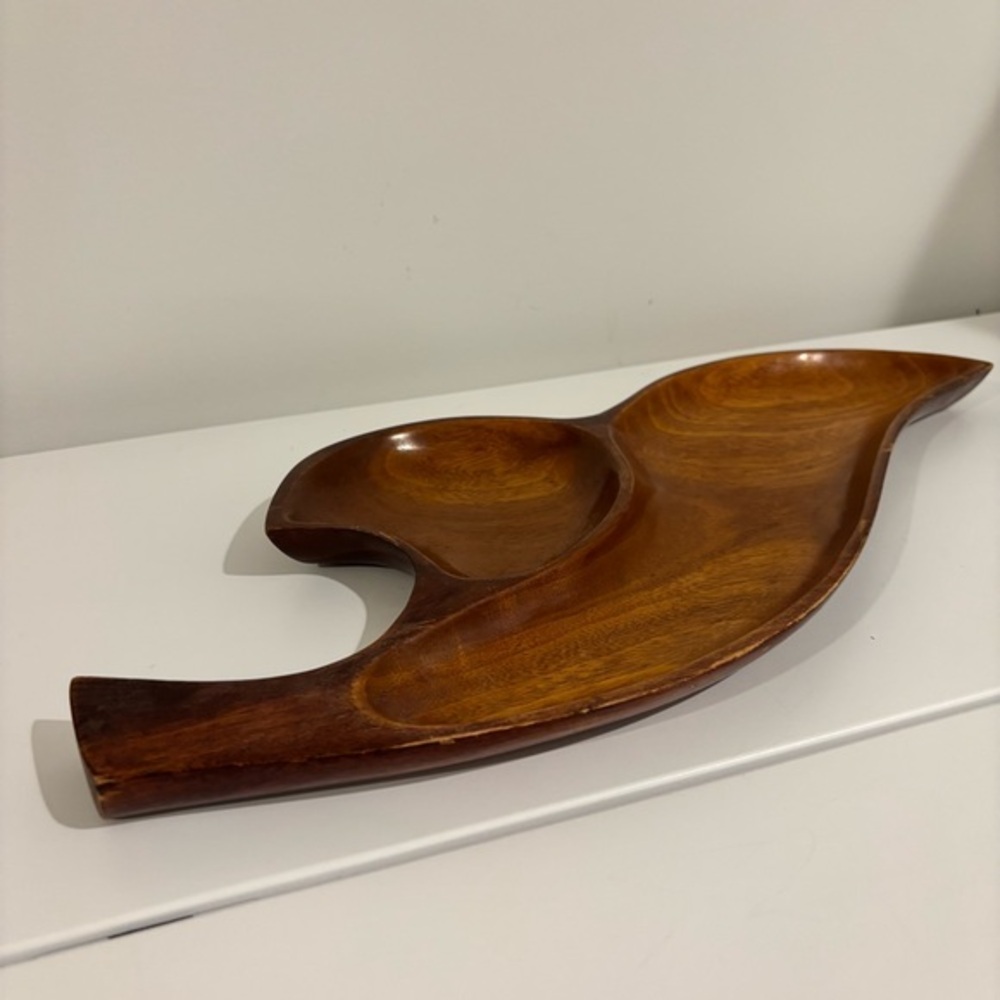 Vintage wood serving tray - display dish MCM decor 2 sections mid century decor